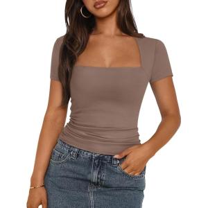 imageTrendy Queen Womens Square Neck Tops Short Sleeve Crop Tops Workout Summer Clothes Casual Slim Fit TShirts 2024Coffeegrey
