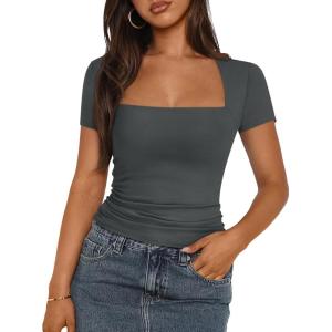 imageTrendy Queen Womens Square Neck Tops Short Sleeve Crop Tops Workout Summer Clothes Casual Slim Fit TShirts 2024Gray