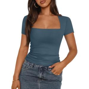 imageTrendy Queen Womens Square Neck Tops Short Sleeve Crop Tops Workout Summer Clothes Casual Slim Fit TShirts 2024Hazeblue