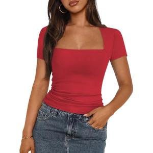 imageTrendy Queen Womens Square Neck Tops Short Sleeve Crop Tops Workout Summer Clothes Casual Slim Fit TShirts 2024Red