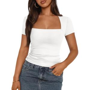 imageTrendy Queen Womens Square Neck Tops Short Sleeve Crop Tops Workout Summer Clothes Casual Slim Fit TShirts 2024White