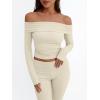 imageTrendy Queen 2 Piece Outfits for Women Off Shoulder Crop Tops and Fold Over Flared Pant SetsApricot