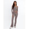 imageTrendy Queen 2 Piece Outfits for Women Off Shoulder Crop Tops and Fold Over Flared Pant SetsCoffee Grey
