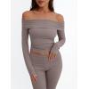 imageTrendy Queen 2 Piece Outfits for Women Off Shoulder Crop Tops and Fold Over Flared Pant SetsCoffee Grey