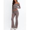 imageTrendy Queen 2 Piece Outfits for Women Off Shoulder Crop Tops and Fold Over Flared Pant SetsCoffee Grey