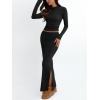 imageTrendy Queen 2 Piece Skirts Sets for Women Long Sleeve Crew Neck Crop Tops Bodycon Maxi Matching ClothesBlack