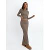 imageTrendy Queen 2 Piece Skirts Sets for Women Long Sleeve Crew Neck Crop Tops Bodycon Maxi Matching ClothesCoffeegrey