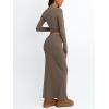 imageTrendy Queen 2 Piece Skirts Sets for Women Long Sleeve Crew Neck Crop Tops Bodycon Maxi Matching ClothesCoffeegrey
