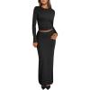 imageTrendy Queen 2 Piece Skirts Sets for Women Long Sleeve Crew Neck Crop Tops Bodycon Maxi Matching ClothesBlack