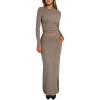 imageTrendy Queen 2 Piece Skirts Sets for Women Long Sleeve Crew Neck Crop Tops Bodycon Maxi Matching ClothesCoffeegrey