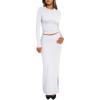 imageTrendy Queen 2 Piece Skirts Sets for Women Long Sleeve Crew Neck Crop Tops Bodycon Maxi Matching ClothesWhite