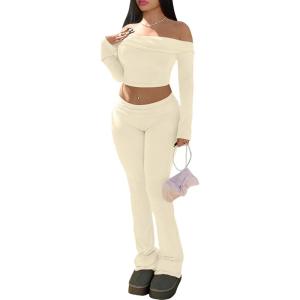imageTrendy Queen 2 Piece Outfits for Women Off Shoulder Crop Tops and Fold Over Flared Pant SetsApricot