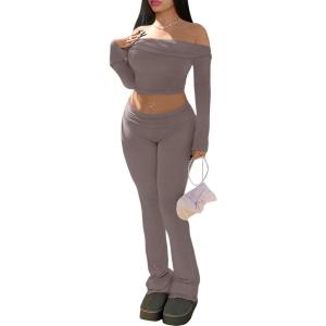 imageTrendy Queen 2 Piece Outfits for Women Off Shoulder Crop Tops and Fold Over Flared Pant SetsCoffee Grey