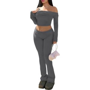 imageTrendy Queen 2 Piece Outfits for Women Off Shoulder Crop Tops and Fold Over Flared Pant SetsDark Grey