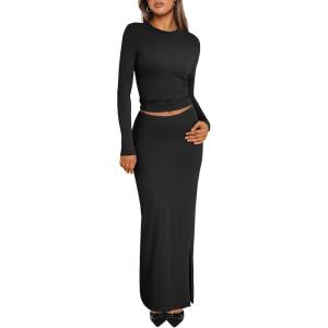 imageTrendy Queen 2 Piece Skirts Sets for Women Long Sleeve Crew Neck Crop Tops Bodycon Maxi Matching ClothesBlack