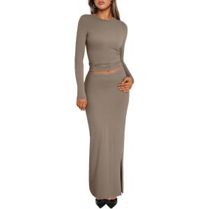 imageTrendy Queen 2 Piece Skirts Sets for Women Long Sleeve Crew Neck Crop Tops Bodycon Maxi Matching ClothesCoffeegrey