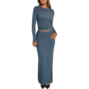 imageTrendy Queen 2 Piece Skirts Sets for Women Long Sleeve Crew Neck Crop Tops Bodycon Maxi Matching ClothesHazeblue
