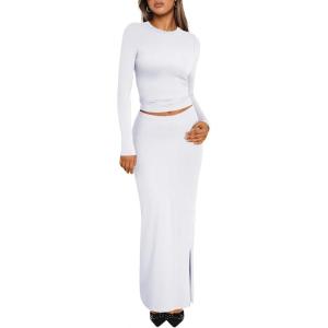 imageTrendy Queen 2 Piece Skirts Sets for Women Long Sleeve Crew Neck Crop Tops Bodycon Maxi Matching ClothesWhite