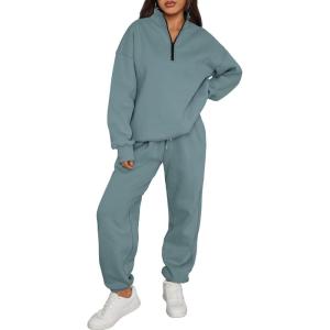 imageTrendy Queen Womens 2 Piece Outfits Long Sleeve Sweatsuits Half Zip Sweatshirts with Fleece Joggers SweatpantsBluegreen