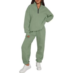 imageTrendy Queen Womens 2 Piece Outfits Long Sleeve Sweatsuits Half Zip Sweatshirts with Fleece Joggers SweatpantsGreen