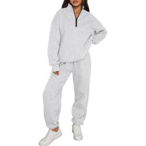 imageTrendy Queen Womens 2 Piece Outfits Long Sleeve Sweatsuits Half Zip Sweatshirts with Fleece Joggers SweatpantsGrey