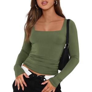 imageTrendy Queen Womens Long Sleeve Shirts Going Out Basic Crop Tops Fashion Y2k Workout Clothes Square Neck Fall OutfitsArmy Green