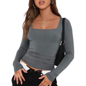 imageTrendy Queen Womens Long Sleeve Shirts Going Out Basic Crop Tops Fashion Y2k Workout Clothes Square Neck Fall OutfitsGray