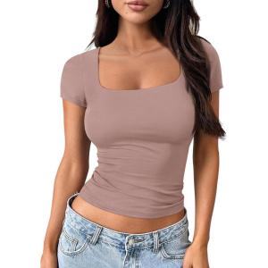 imageTrendy Queen Womens Square Neck Going Out Crop Tops Short Sleeve T Shirts Summer Cute Clothes Basics TeesCoffeegrey
