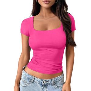 imageTrendy Queen Womens Square Neck Going Out Crop Tops Short Sleeve T Shirts Summer Cute Clothes Basics TeesNeonpink