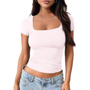 imageTrendy Queen Womens Square Neck Going Out Crop Tops Short Sleeve T Shirts Summer Cute Clothes Basics TeesPink