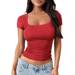 imageTrendy Queen Womens Square Neck Going Out Crop Tops Short Sleeve T Shirts Summer Cute Clothes Basics TeesRed