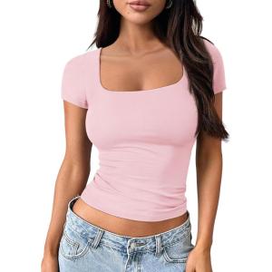 imageTrendy Queen Womens Square Neck Going Out Crop Tops Short Sleeve T Shirts Summer Cute Clothes Basics TeesSakurapink