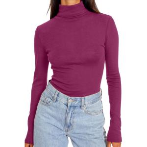 imageTrendy Queen Womens Turtleneck Long Sleeve Shirts Fall Fashion Basic Thermal Underwear Tops Winter Clothes 2025Fuchsia