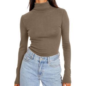imageTrendy Queen Womens Turtleneck Long Sleeve Shirts Fall Fashion Basic Thermal Underwear Tops Winter Clothes 2025Light Brown