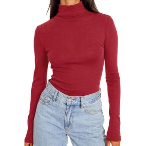 imageTrendy Queen Womens Turtleneck Long Sleeve Shirts Fall Fashion Basic Thermal Underwear Tops Winter Clothes 2025Red