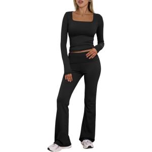 imageTrendy Queen Womens Two Piece Lounge Sets 2 Piece Fall Outfits Long Sleeve Square Neck Tops Flare Pants Tracksuits ClothesBlack