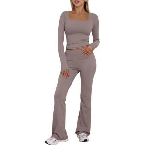 imageTrendy Queen Womens Two Piece Lounge Sets 2 Piece Fall Outfits Long Sleeve Square Neck Tops Flare Pants Tracksuits ClothesCoffeegrey