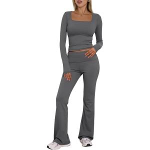 imageTrendy Queen Womens Two Piece Lounge Sets 2 Piece Fall Outfits Long Sleeve Square Neck Tops Flare Pants Tracksuits ClothesDarkgrey