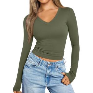 imageTrendy Queen Long Sleeve Shirts for Women 2024 Fall Fashion V Neck Basics Crop Tops Layering Slim Fitted Y2K TopsArmy Green