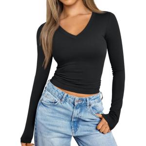 imageTrendy Queen Long Sleeve Shirts for Women 2024 Fall Fashion V Neck Basics Crop Tops Layering Slim Fitted Y2K TopsBlack