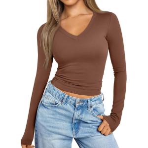 imageTrendy Queen Long Sleeve Shirts for Women 2024 Fall Fashion V Neck Basics Crop Tops Layering Slim Fitted Y2K TopsBrown