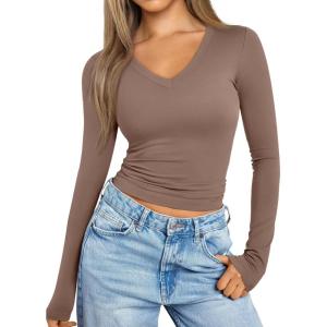 imageTrendy Queen Long Sleeve Shirts for Women 2024 Fall Fashion V Neck Basics Crop Tops Layering Slim Fitted Y2K TopsCoffee Grey