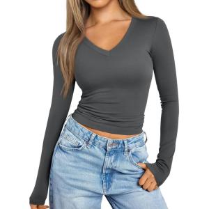 imageTrendy Queen Long Sleeve Shirts for Women 2024 Fall Fashion V Neck Basics Crop Tops Layering Slim Fitted Y2K TopsGray