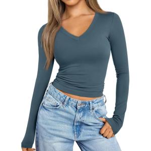 imageTrendy Queen Long Sleeve Shirts for Women 2024 Fall Fashion V Neck Basics Crop Tops Layering Slim Fitted Y2K TopsHaze Blue