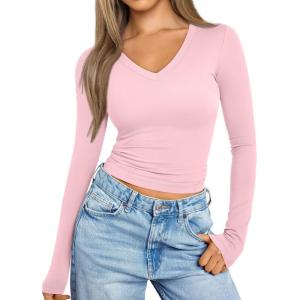 imageTrendy Queen Long Sleeve Shirts for Women 2024 Fall Fashion V Neck Basics Crop Tops Layering Slim Fitted Y2K TopsPink