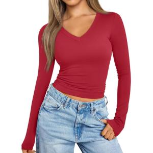 imageTrendy Queen Long Sleeve Shirts for Women 2024 Fall Fashion V Neck Basics Crop Tops Layering Slim Fitted Y2K TopsRed