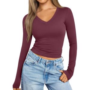 imageTrendy Queen Long Sleeve Shirts for Women 2024 Fall Fashion V Neck Basics Crop Tops Layering Slim Fitted Y2K TopsWine Red