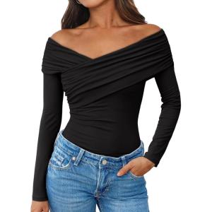 imageTrendy Queen Women Off The Shoulder Tops Going Out Long Sleeve Shirts Sexy Cute Y2K Basic Tee Clothes Fall FashionBlack
