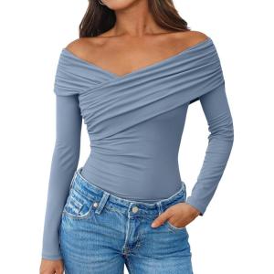 imageTrendy Queen Women Off The Shoulder Tops Going Out Long Sleeve Shirts Sexy Cute Y2K Basic Tee Clothes Fall FashionBlue