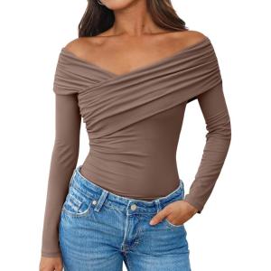 imageTrendy Queen Women Off The Shoulder Tops Going Out Long Sleeve Shirts Sexy Cute Y2K Basic Tee Clothes Fall FashionCoffeegrey